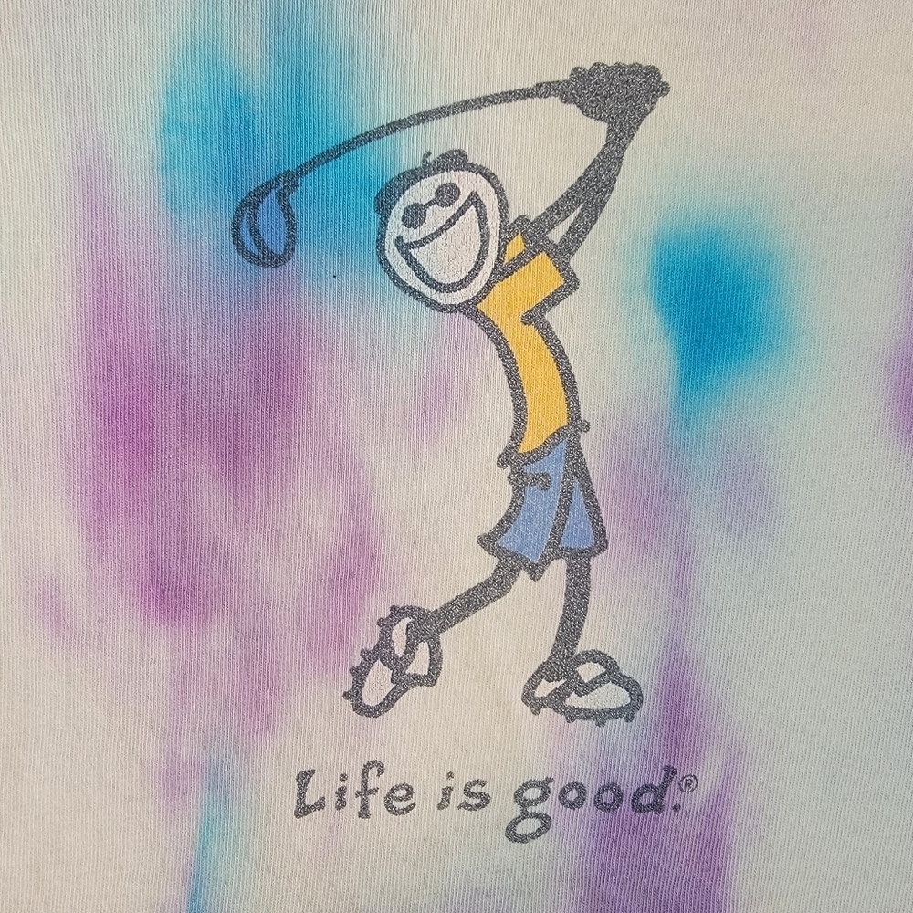 Life Is Good Tie Dye Mens Unisex Golfer Short Sleeve T Shirt Blue Purple Large